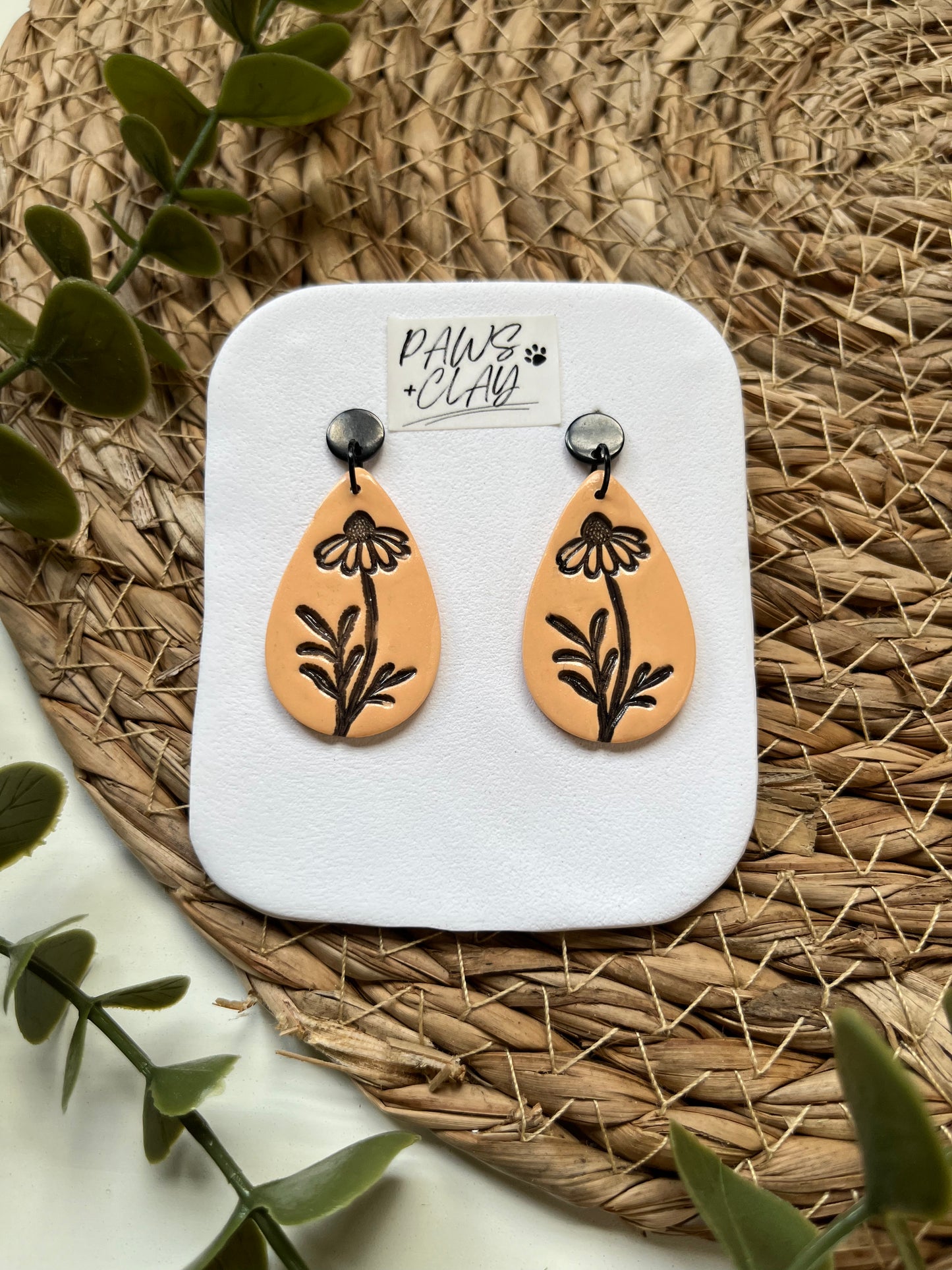 Pastel Orange Flower Imprinted Polymer Clay Earrings