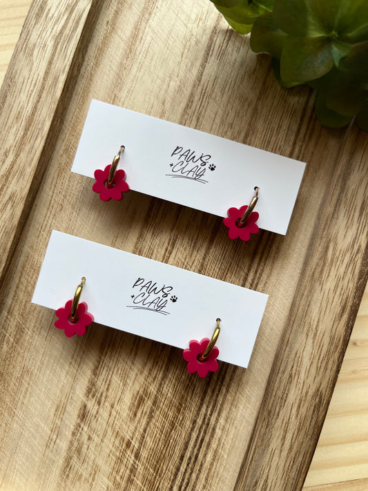 Red Floral Huggie Earrings 